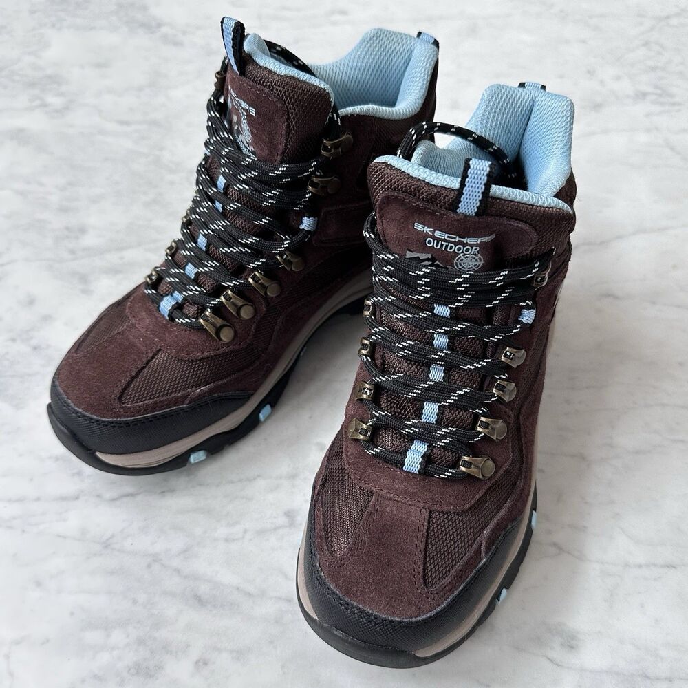 Skechers Outdoor Waterproof Boots Trego Women’s 5 Brown Blue 167008 Leather Mesh